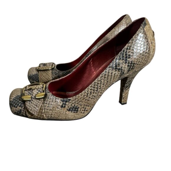 Bronx Claudine Python Snake Skin Square Toe Heels Sz 8.5 Brass Buckle - Picture 5 of 10